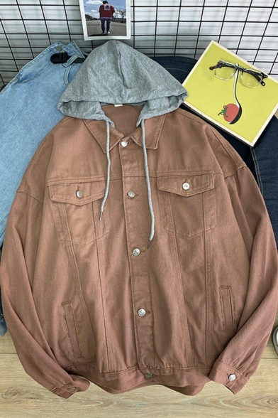 Creative Jacket Contrast Color Pocket Hooded Baggy Single Breasted Denim Jacket for Guys