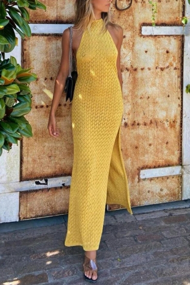 Elegant Women Dress Geometric Print Sleeveless Halter Maxi Length Split Side Dress