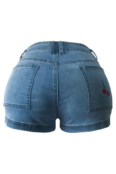 Girlish Women Denim Shorts Cherry Pattern Pocket Detail Zipper Mid Waist Shorts