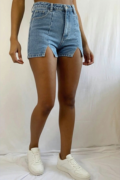 Girlish Women Shorts Whole Colored Split Front High Waist Zip Fly Denim Shorts