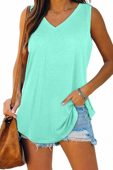 Girls Classic T-Shirt Pure Color V-neck Relaxed Sleeveless Irregular Hem Tee Shirt