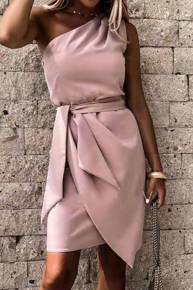 Ladies Fashion Dress Solid Sashes One Shoulder Sleeveless Belt Detail Irregular Dress