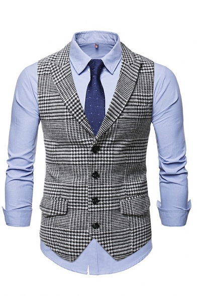 Men Modern Suit Vest Houndstooth Print Lapel Collar Flap Pocket Suit Vest