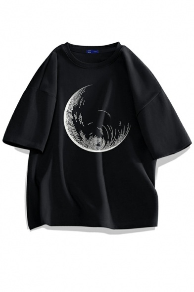 Modern Guys Cotton T-shirt Moon Printed Round Neck Short Sleeve Loose Fit Tee Shirt