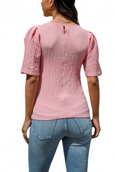 Popular Women T-shirt Solid Sashes Detail Slim Short-sleeved Crew Neck Tee Top