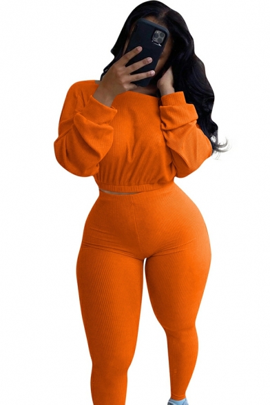 Stylish Women Co-ords Whole Colored Round Neck Long Sleeve Crop Sweatshirt with Pants Set