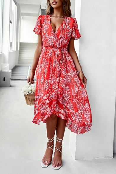 Stylish Womens Dress Floral Printed V-Neck Short Sleeve Drawstring Midi Tea Dress