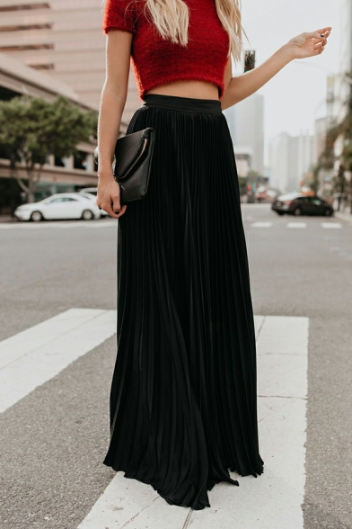 Urbanized Women Skirt Solid Color Pleated Detail High Elasticated Waist Long Flare Skirt