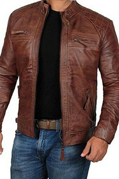 Vintage Men Jacket Pure Color Stand Collar Pocket Long Sleeve Zip Closure Leather Jacket