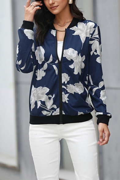 Women Simple Casual Jacket Floral Patterned Stand Collar Full Zip Casual Jacket