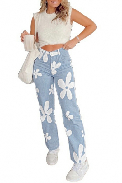Women Urban Jeans Floral Pattern Pocket Long Length High Rise Regular Zip Placket Jeans