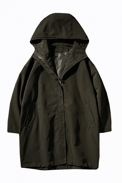 Boyish Guys Jacket Whole Colored Pocket Oversized Long Sleeve Hooded Zip down Trench Coat