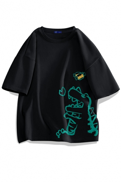 Cool Men Tee Shirt Cartoon Dinosaur Print Oversized Short Sleeves Crew Neck Tee Top
