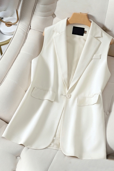 Cozy Waistcoat Pure Color Notched Lapel Flap Pocket Single Button Loose Vest for Girls
