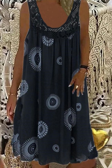 Dashing Ladies Dress Tribal Pattern Scoop Neck Sleeveless Lace Detail Midi Tank Dress