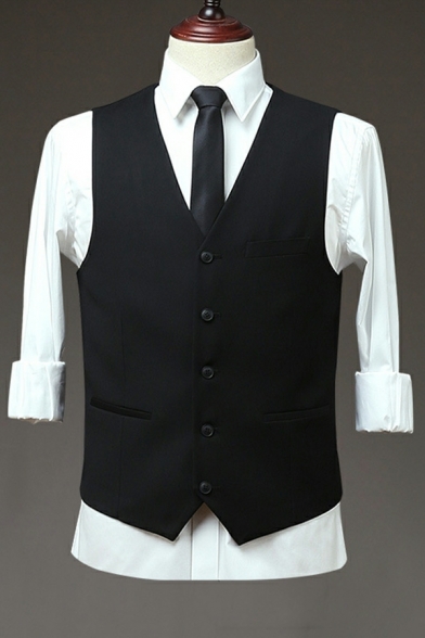 Edgy Suit Vest Pure Color V-neck Sleeveless Relaxed Button Fly Pocket Suit Vest for Men