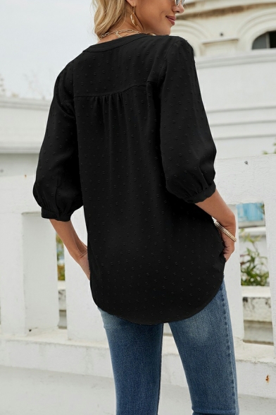 Elegant Womens Shirt Polka Dots Print V-Neck Double Buttons 3/4 Length Sleeve Blouses