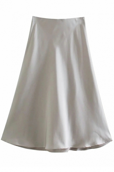 Enchanting Women A-Line Skirt Pure Color High Waist Midi A-Line Skirt