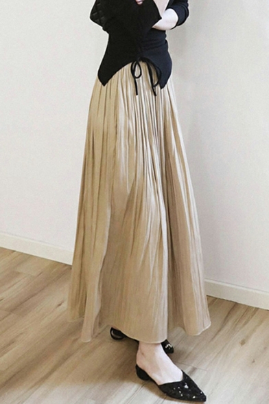 Ladies Leisure Skirt Pure Color Pleated Mid Rise Maxi Length Broomstick Skirt