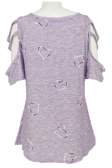 Ladies Simple Tee Shirt All over Print Hollow Short-Sleeved V Neck Irregular Hem T-shirt