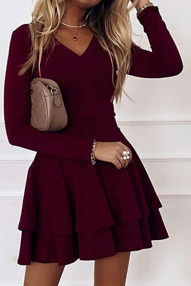 Leisure Dress Whole Colored V Neck Long Sleeve Midi Pleated Dress for Girls