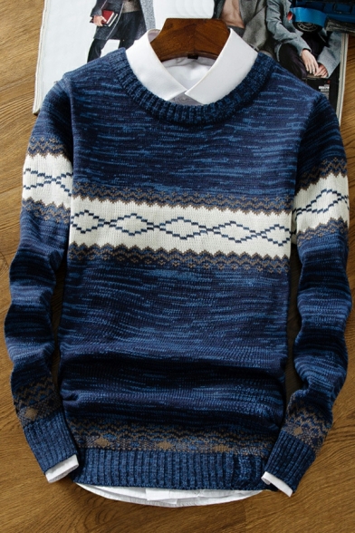 Men Dashing Sweater Argyle Print Round Neck Ribbed Trim Sweater