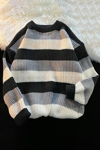 Men Edgy Sweater Striped Pattern Round Neck Ribbed Trim Sweater