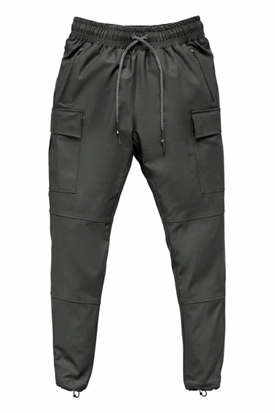 Men Leisure Pants Solid Color Elastic Waist Flap Pocket Cargo Pants
