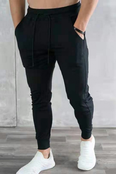 Men Simple Pants Plain Elastic Waist Front Pocket Banded Cuffs Pants