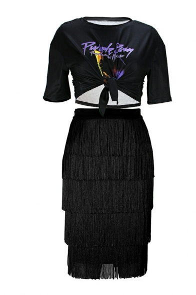 Modern Skirt Solid Color Elastic Waist Tassel Design Tiered Midi Skirt for Women
