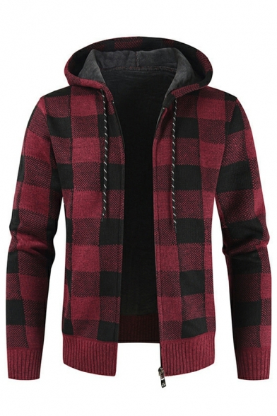 Popular Cardigan Checked Pattern Hooded Brushed Full Zipper Ribbed Trim Cardigan for Men