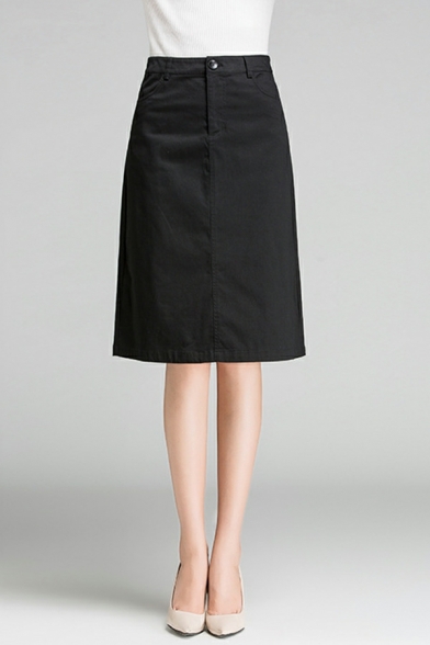 Trendy Ladies Skirts Whole Colored High Waist Zip Closure Midi A-Line Skirts