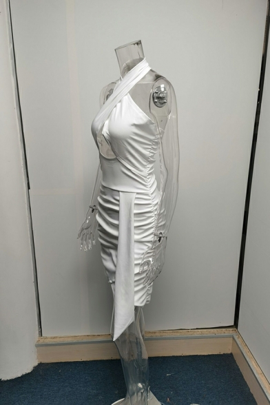 Unique Women's Dress Plain Hollow Out Sashes Detail Halter Asymmetrical Mini Bodycon Dress