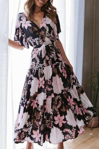 Fancy Womens Dress Floral Pattern V-Neck Short Sleeve Bow Decoration Midi Tea Dress