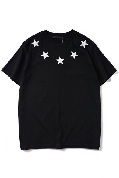 Fashion Men Tee Shirt Star Pattern Crew Neck Short Sleeves Relaxed Tee Top