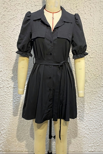 Fashionable Dress Plain Button Fly Turn-down Collar Pocket Belt Mini Shirt Dress for Women