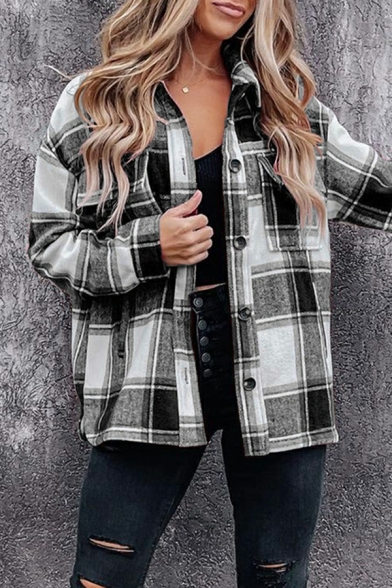 Girls Hot Jacket Plaid Pattern Chest Pocket Long Sleeve Turn-down Collar Button Fly Jacket