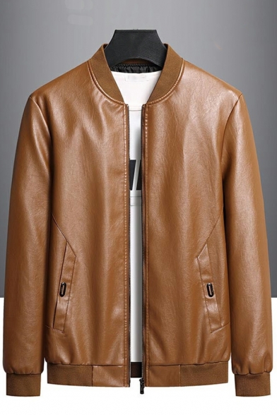 Men Cozy Jacket Solid Pocket Long Sleeve Regular Stand Neck Zip up Leather Jacket
