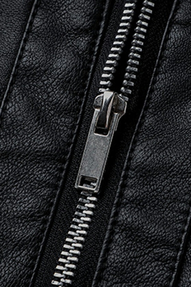 Men Edgy Leather Jacket Plain Spread Collar Zip Pocket Leather Jacket