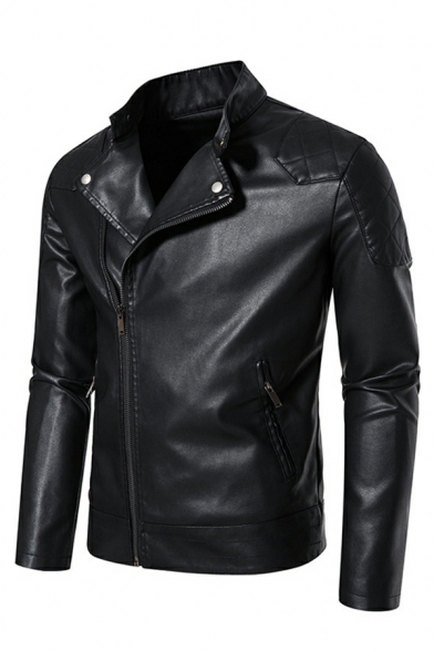 Men Retro Leather Jacket Plain Stand Collar Full Zipper Leather Jacket