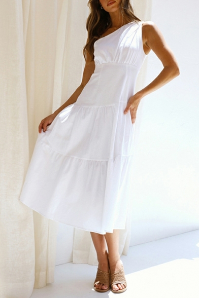 Popular Women's Dress Whole Colored Sashes One Shoulder Maxi A-line Dress