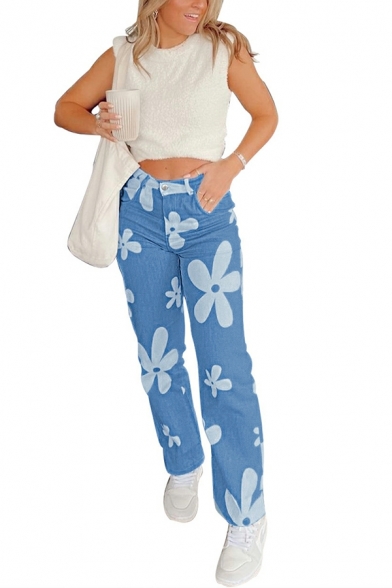 Women Urban Jeans Floral Pattern Pocket Long Length High Rise Regular Zip Placket Jeans
