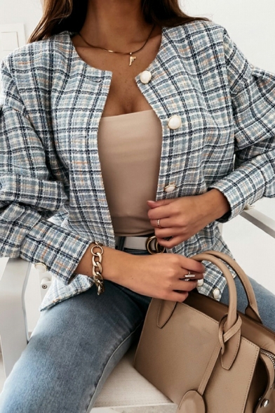 Boyish Casual Jacket Checked Pattern Round Neck Button down Casual Jacket for Women