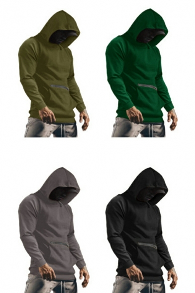 Chic Hoodie Pure Color Pocket Hooded Long Sleeve Skinny Zip Design Hoodie for Guys