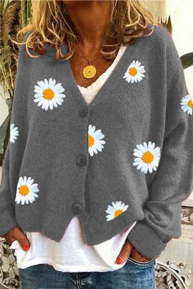 Elegant Ladies Cardian Chrysanthemum Print Long Sleeves V Neck Button Placket Cardian