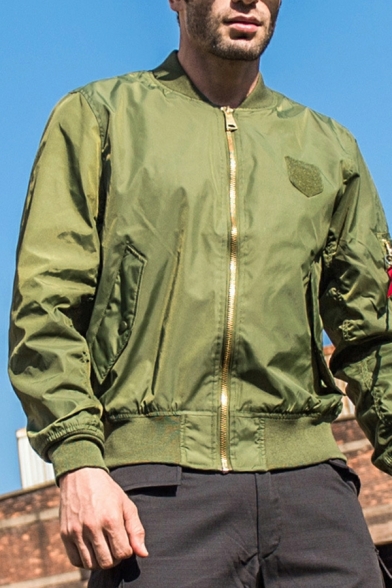 Fashion Guy's Jacket Solid Color Pocket Stand Collar Regular Zip Fly Baseball Jacket