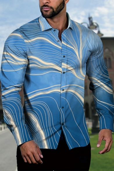 Hot Shirt 3D Pattern Turn-down Collar Long Sleeves Slim Button Placket Shirt for Men