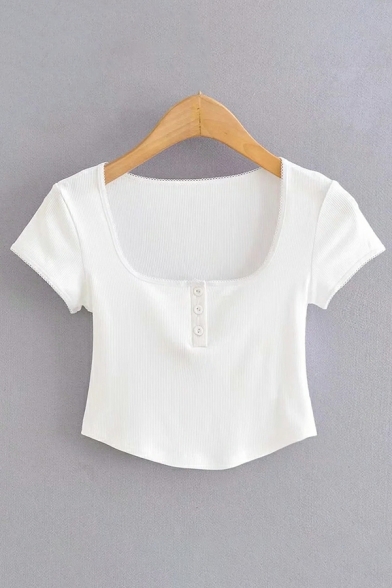 Ladies Simple Tee Shirt Pure Color Short-Sleeved Scoop Collar Slimming Cropped T-shirt