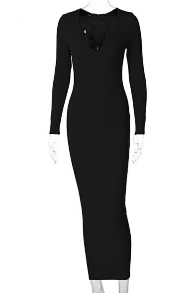 Leisure Womens Dress Whole Colored Scoop Neck Long Sleeve Maxi Length Bodycon Dress