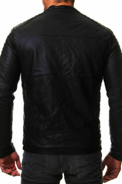 Men Fashionable Leather Jacket Plain Stand Collar Full-Zip Leather Jacket